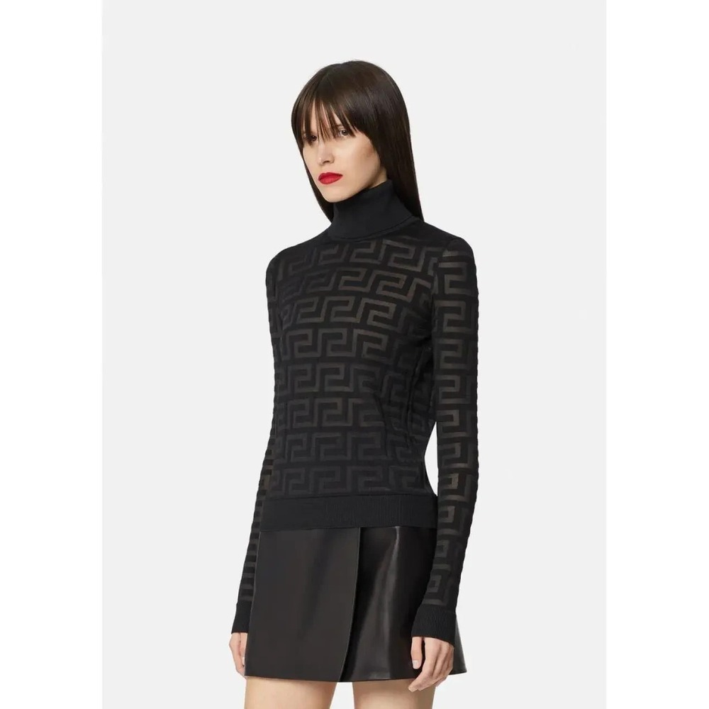 Vintage Gianni Versace Women's 10 Black Sweater Turtleneck Wool Jacquard Knit